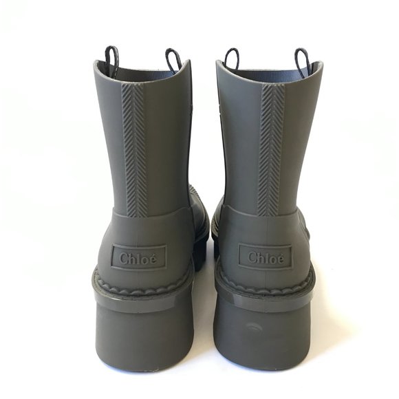 NWOB Chloe Raina Rain Boots Booties Womens 41 Grape Leaf Green Rubber Chunky NEW - Picture 10 of 15
